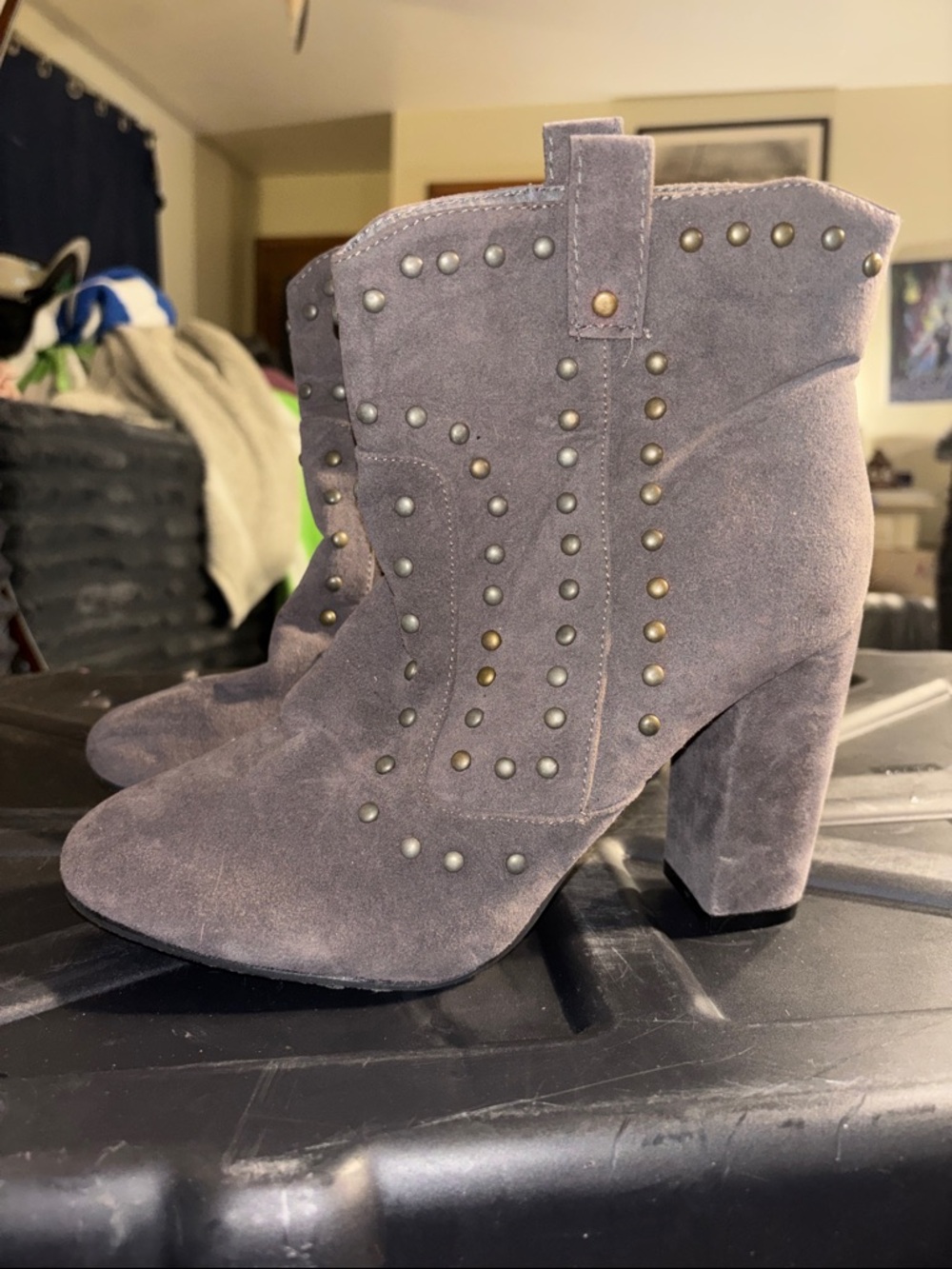 Suede Studded Ankle Booties in Gray